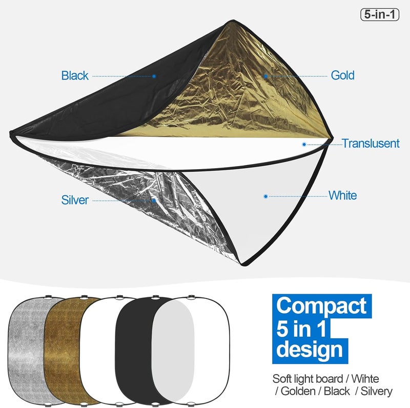 Wellmaking 5x6.5feet/1.5x2M Reflector Photography, Collapsible Light Reflector with Threaded Handle & tilt Adapter, 5 in 1 Handle Reflector for Lighting -Translucent, Silver, Gold, White and Black - Image 2